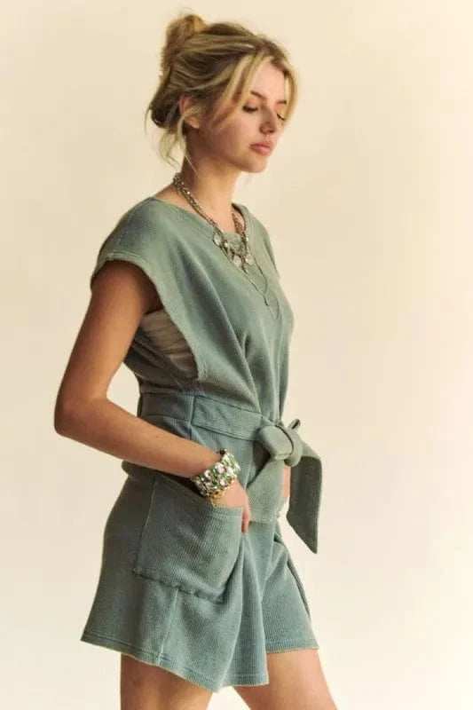 Davi & Dani Acid-Washed Waffle Knit Cuffed Sleeves Romper - Trendsi - Flyclothing LLC