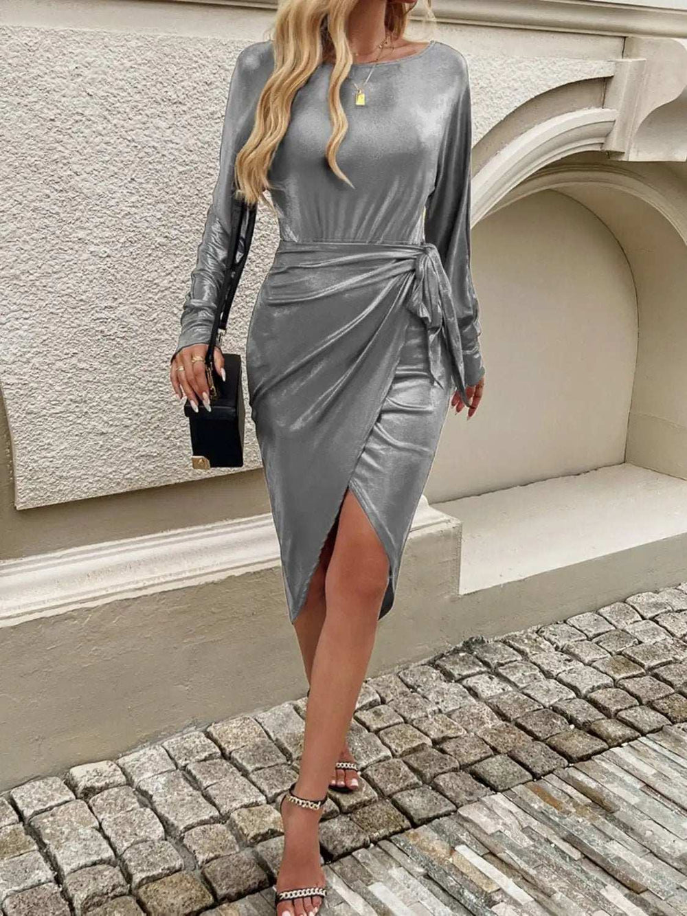 Devine Tied Boat Neck Long Sleeve Dress - Trendsi - Flyclothing LLC