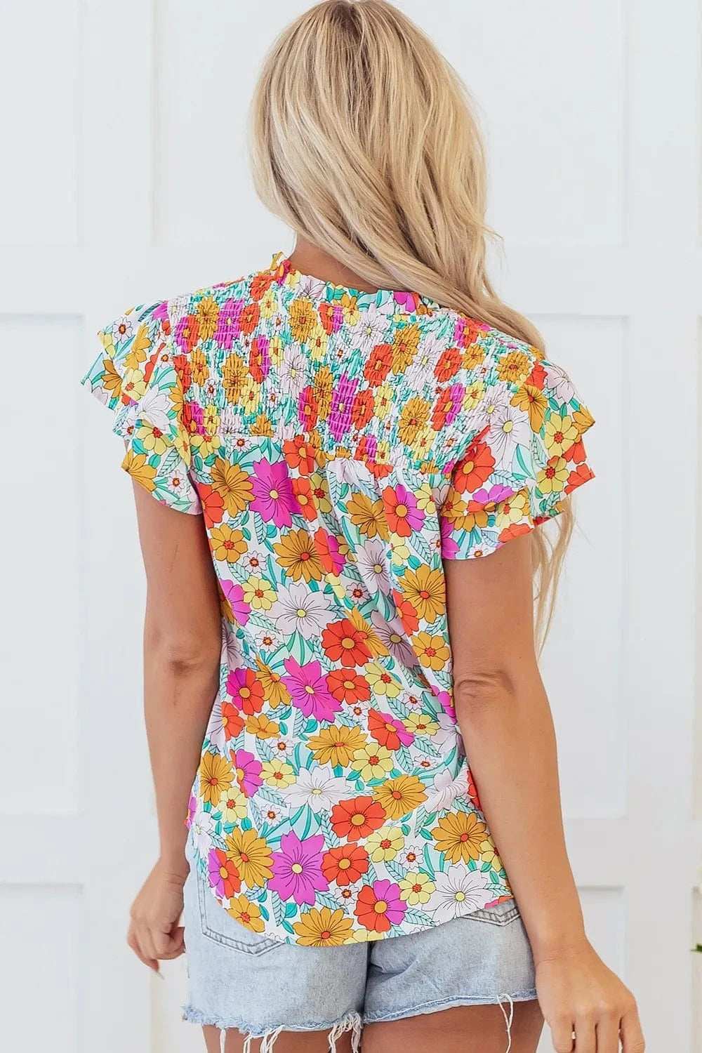 Floral Print Shirred Tiered Ruffled Sleeve Blouse - Trendsi - Flyclothing LLC