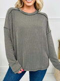 Twist Ribbed Exposed Seam Detail Long Sleeve Loose Top - Trendsi - Flyclothing LLC