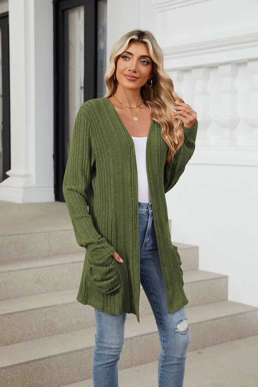 Pocketed Open Front Long Sleeve Cardigan - Trendsi - Flyclothing LLC