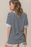 BiBi Contrast Striped Notched Knit Top - Trendsi - Flyclothing LLC