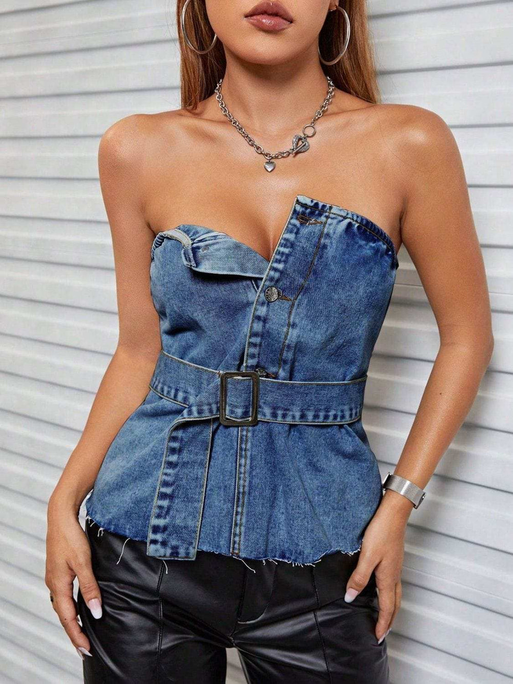 Buttoned Raw Hem Tube Denim Top - Trendsi - Flyclothing LLC