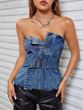 Buttoned Raw Hem Tube Denim Top - Trendsi - Flyclothing LLC