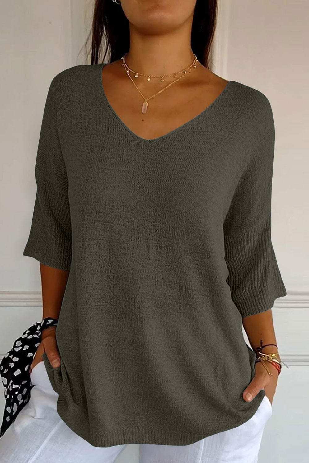 V-Neck Three-Quarter Sleeve Knit Top - Trendsi - Flyclothing LLC