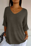 V-Neck Three-Quarter Sleeve Knit Top - Trendsi - Flyclothing LLC