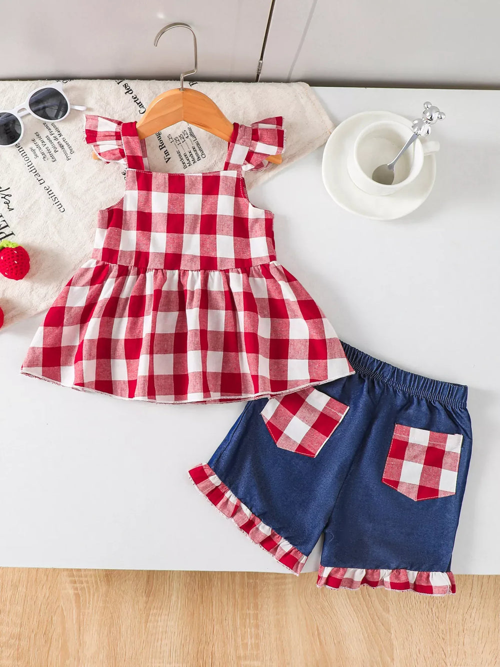 Children's Gingham Bowknot Ruffle Trim Top and Shorts Set - Trendsi - Flyclothing LLC