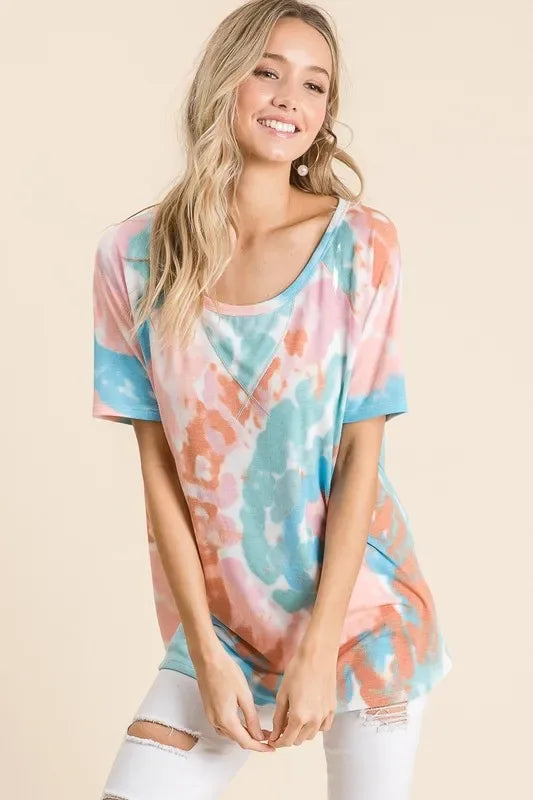 BiBi Tie Dye Print Short Sleeve T-Shirt with Raglan Sleeves - Trendsi - Flyclothing LLC