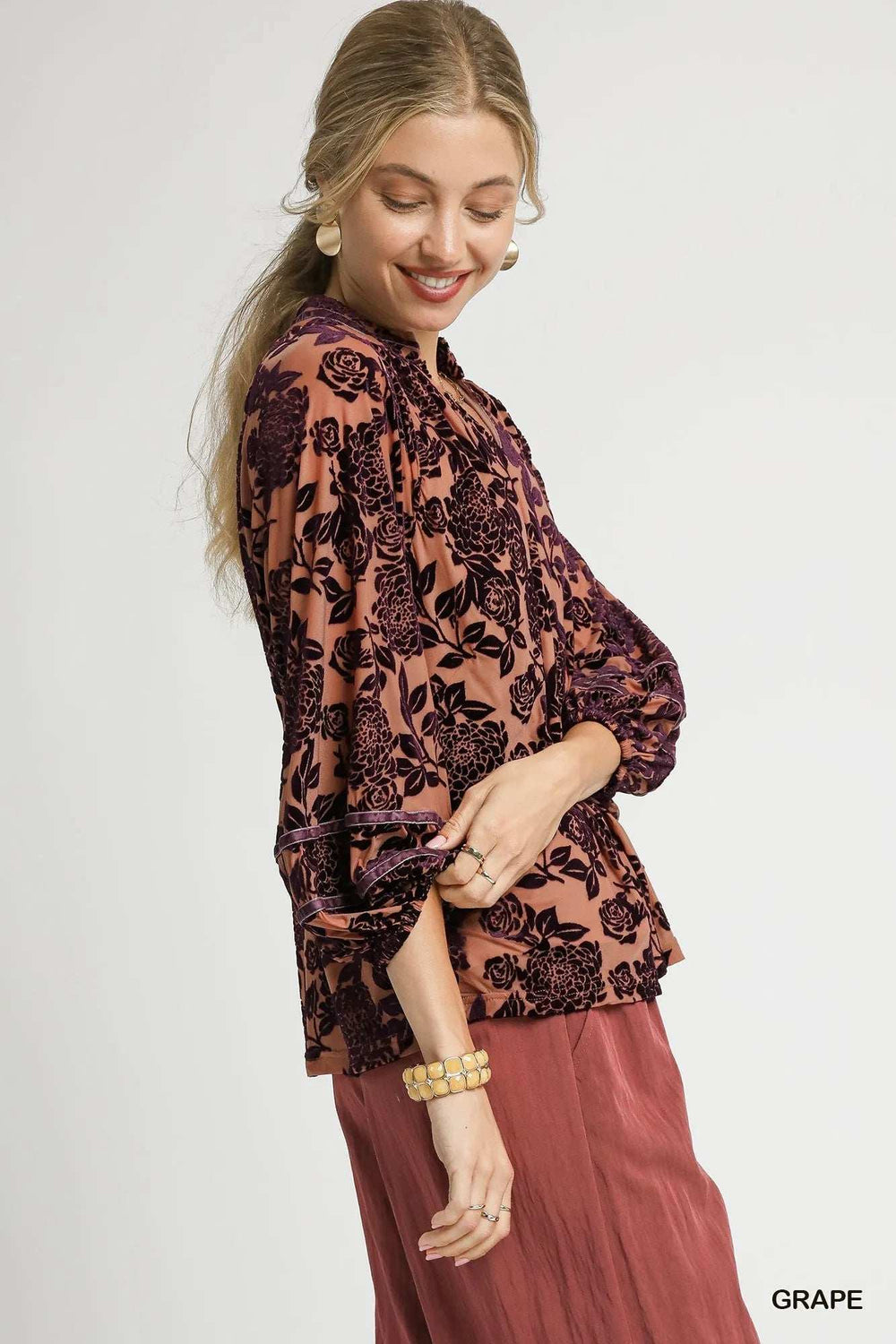 Umgee Floral Velvet Blouse with Balloon Sleeves - Trendsi - Flyclothing LLC