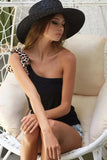 BiBi Rayon Span Knit One Shoulder Top with Leopard Ribbon - Trendsi - Flyclothing LLC