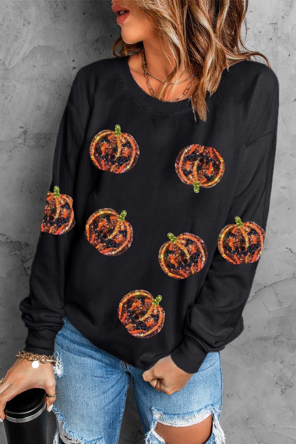 Pumpkin Dropped Shoulder Sweatshirt - Trendsi - Flyclothing LLC