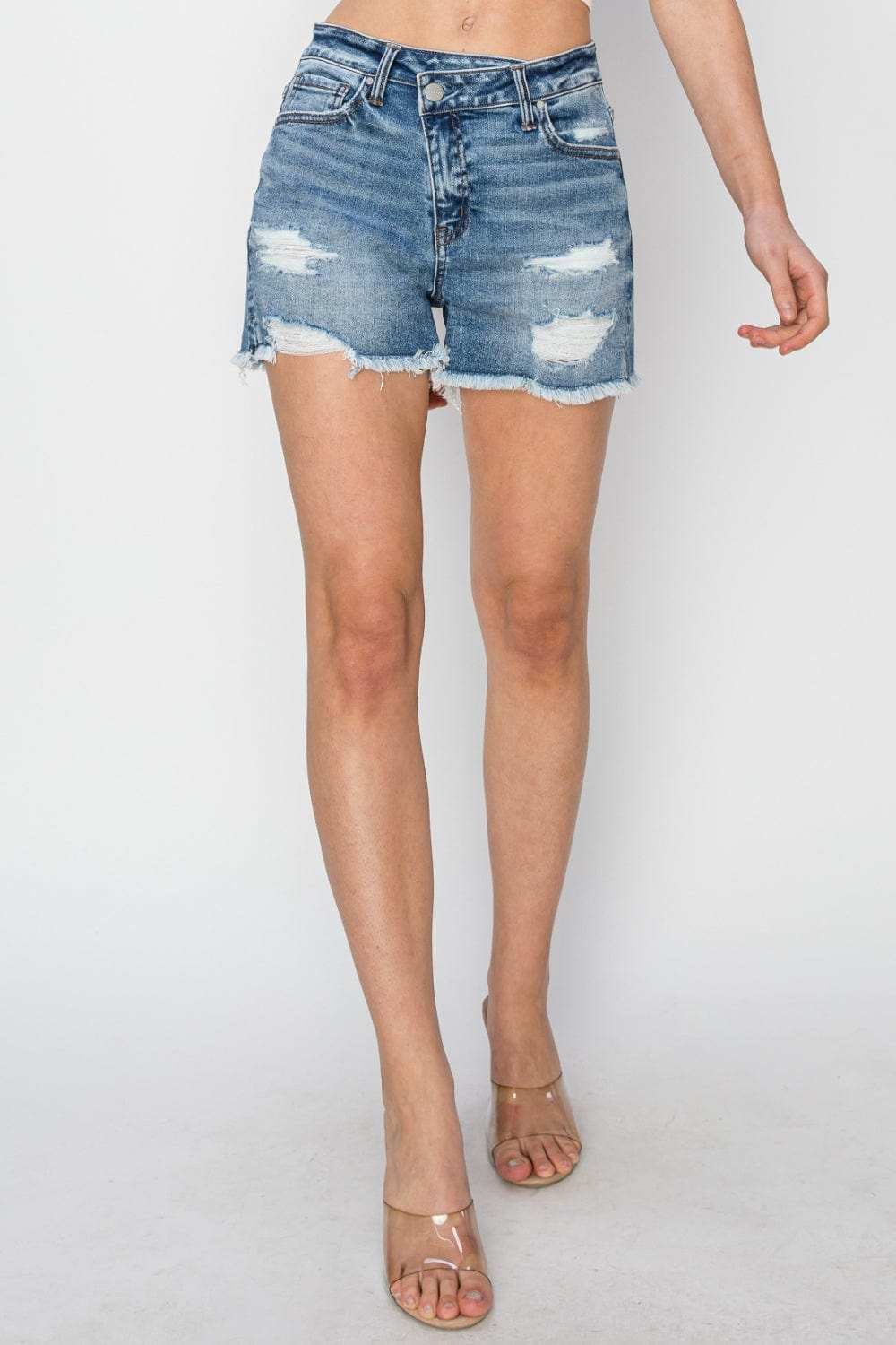 RISEN Stepped Waist Frayed Denim Shorts - Trendsi - Flyclothing LLC