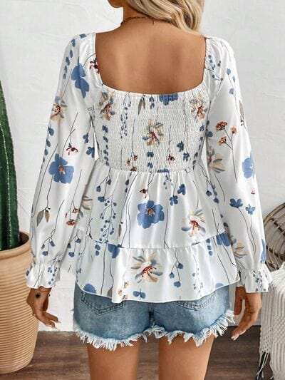 Smocked Floral Scoop Neck Flounce Sleeve Blouse - Trendsi - Flyclothing LLC