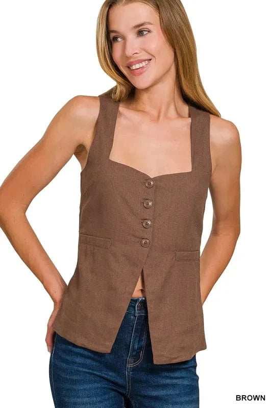 Zenana Linen Tie-back 4-button Vest with Lining - Trendsi - Flyclothing LLC