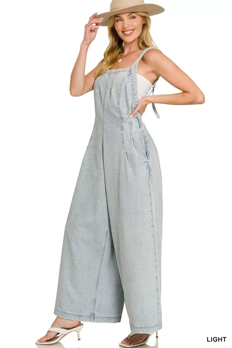 Zenana Denim Light Washed Wide Leg Overalls - Trendsi - Flyclothing LLC