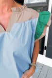 Color Block Notched Ruffled Cap Sleeve Blouse - Trendsi - Flyclothing LLC