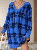 Distressed Plaid V-Neck Long Sleeve Sweater Dress - Trendsi - Flyclothing LLC