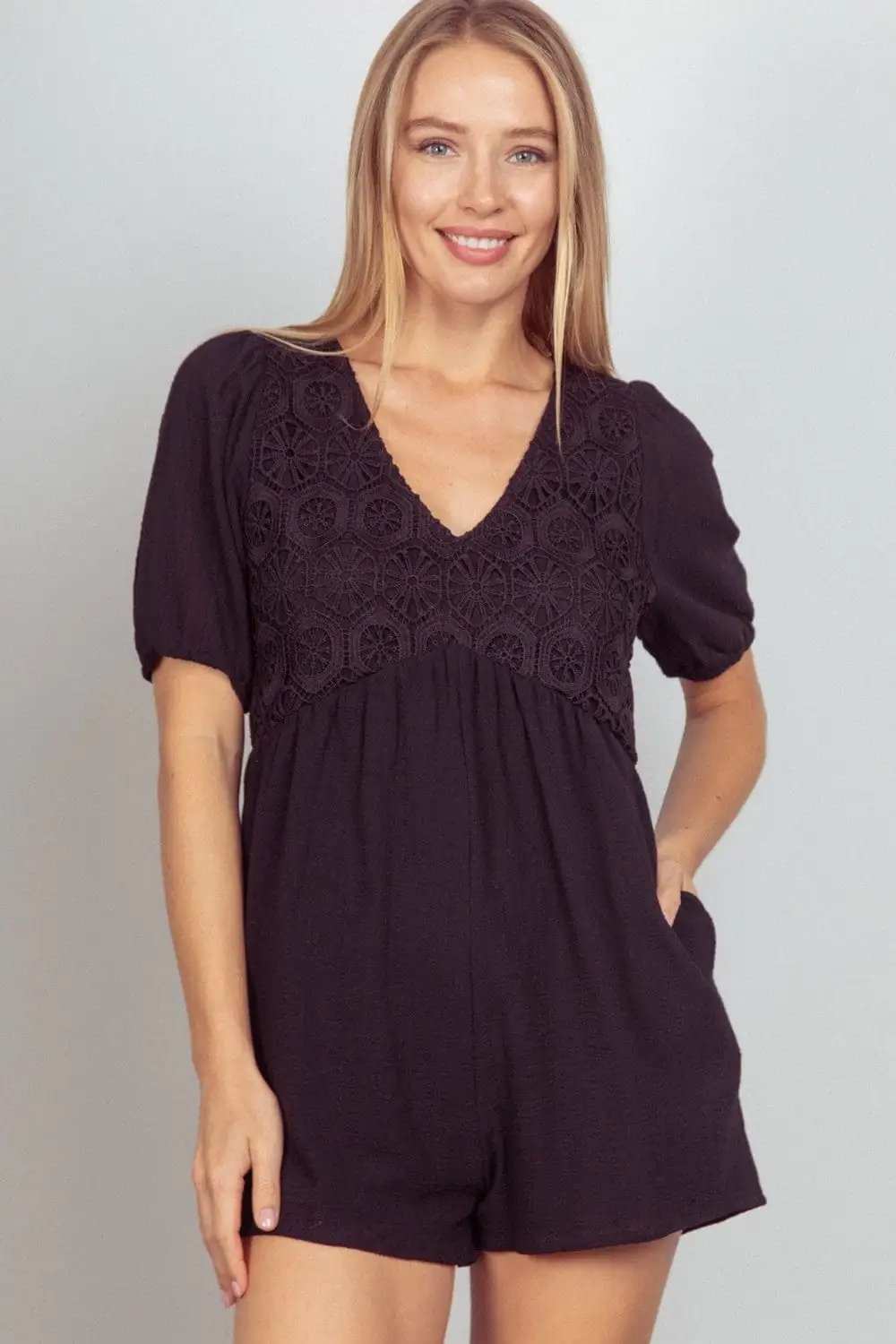 VERY J Lace Detail Puff Sleeve Romper with Pockets - Trendsi - Flyclothing LLC