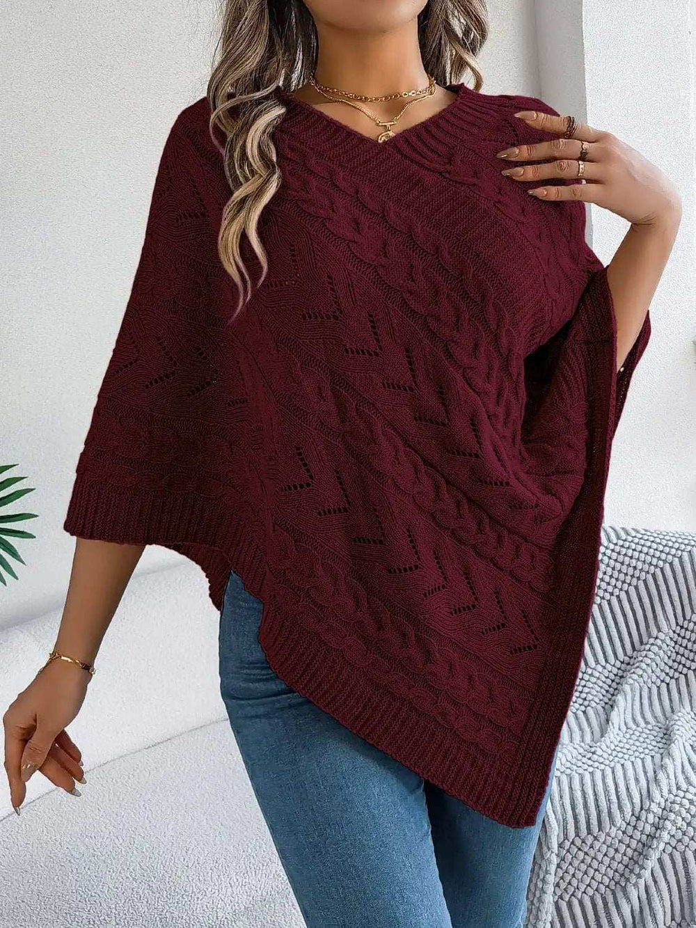 Cable-Knit Openwork Three-Quarter Sleeve Sweater - Trendsi - Flyclothing LLC