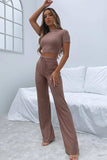 Round Neck Short Sleeve Top and Pants Set - Trendsi - Flyclothing LLC