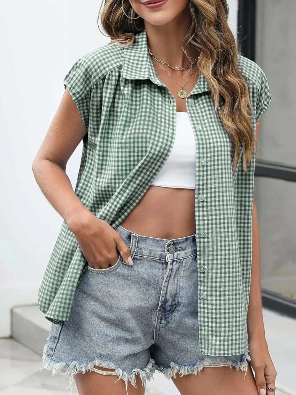 Plaid Button Up Cap Sleeve Shirt - Trendsi - Flyclothing LLC