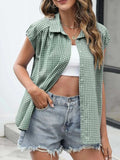 Plaid Button Up Cap Sleeve Shirt - Trendsi - Flyclothing LLC
