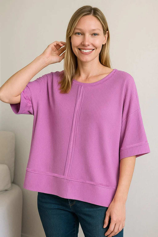 Zenana Ribbed Boat Neck 3/4 Sleeve Top - Trendsi - Flyclothing LLC