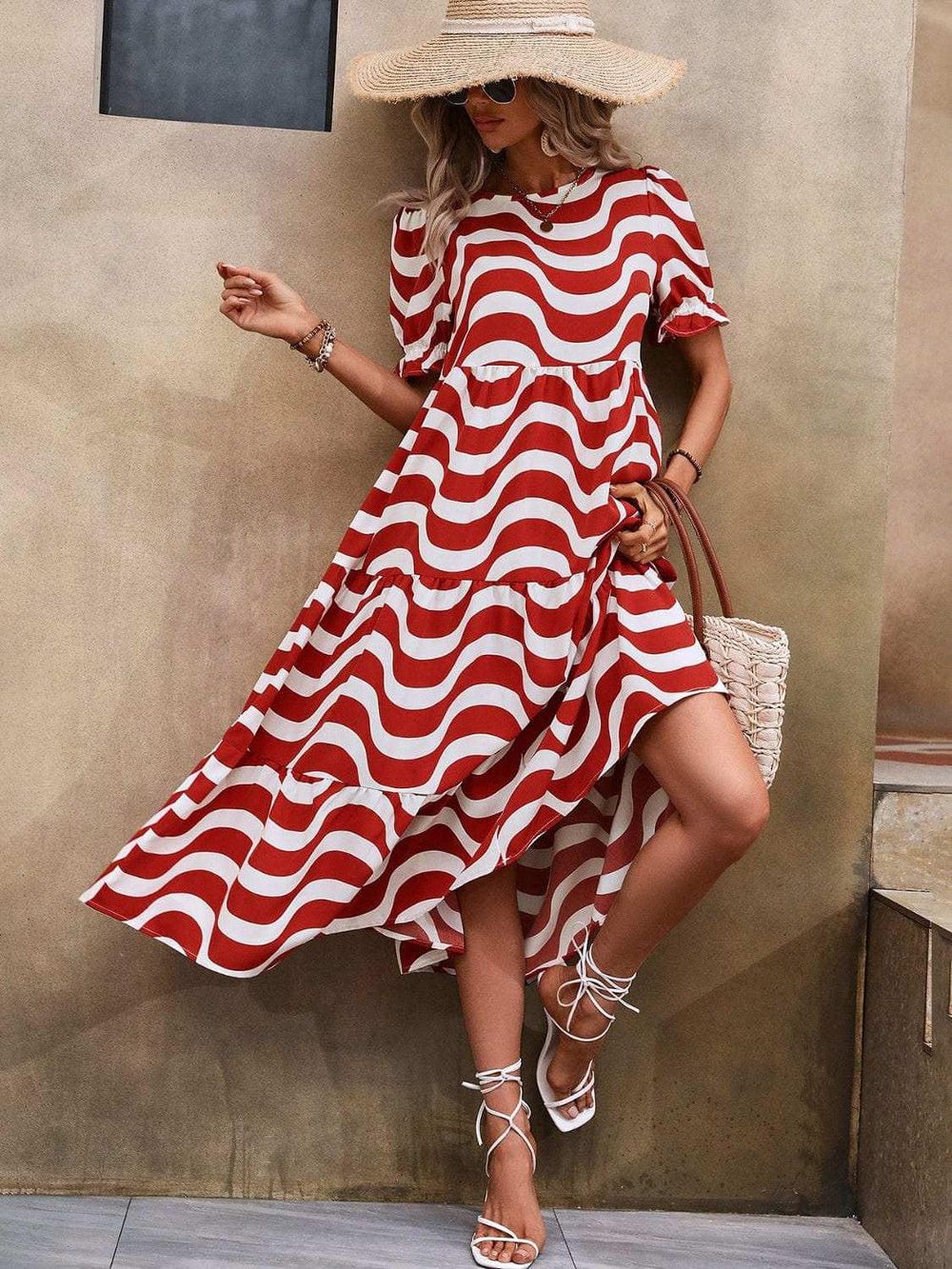 Wavy Striped Round Neck Short Sleeve Dress - Trendsi - Flyclothing LLC