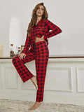Plaid Collared Neck Long Sleeve Top and Pants Lounge Set - Trendsi - Flyclothing LLC
