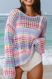 Openwork Side Slit Round Neck Striped Cover Up - Trendsi - Flyclothing LLC