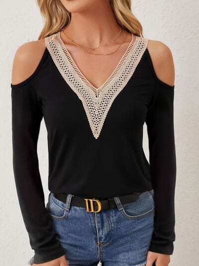 V-Neck Cold Shoulder Long Sleeve T-Shirt - Trendsi - Flyclothing LLC