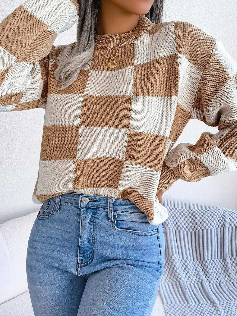 Checkered Mock Neck Long Sleeve Sweater - Trendsi - Flyclothing LLC