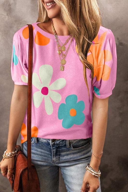 Flower Round Neck Short Sleeve Blouse - Trendsi - Flyclothing LLC