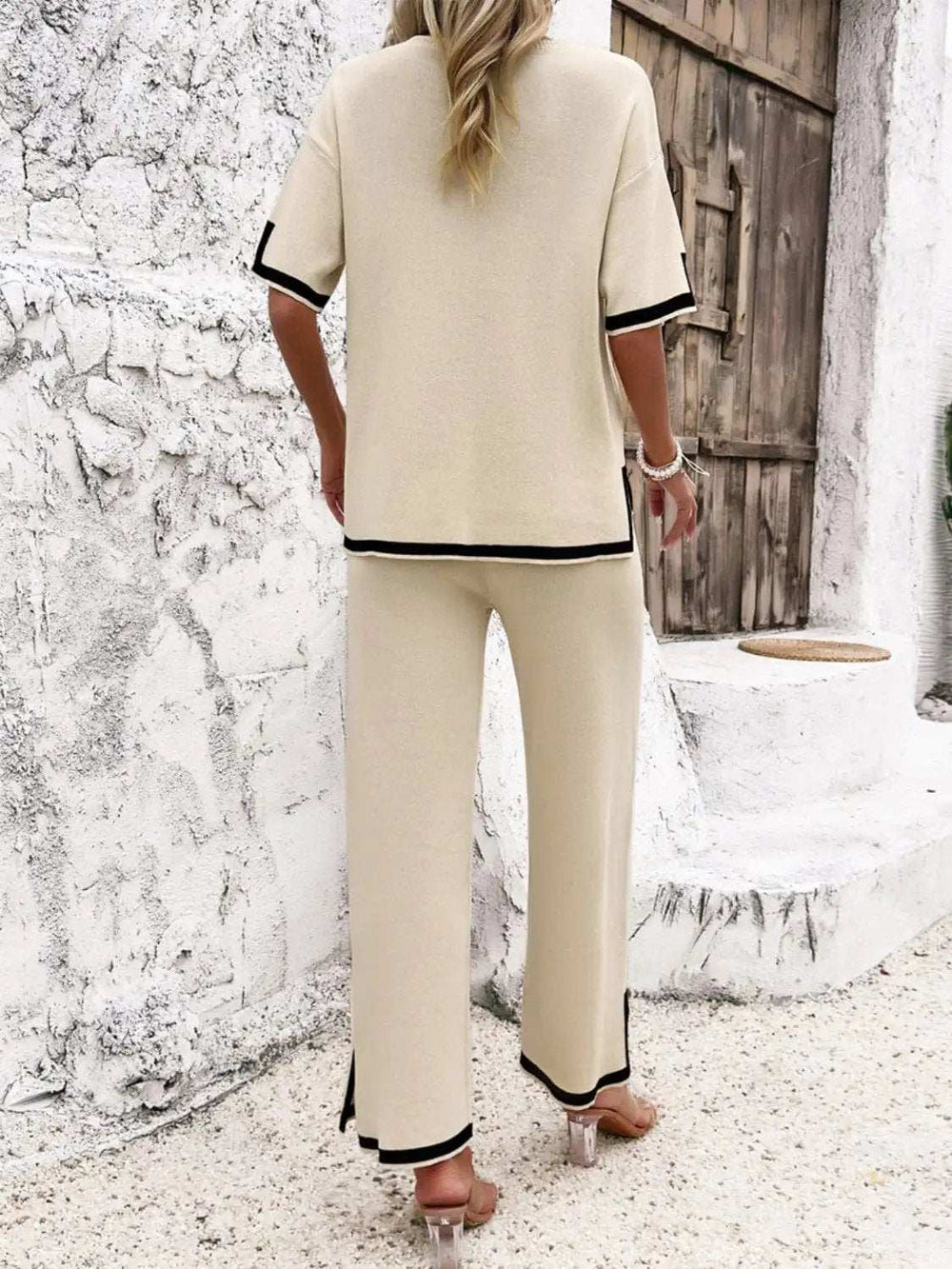 Contrast Trim Round Neck Top and Pants Set - Trendsi - Flyclothing LLC