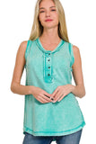 Zenana Washed Half-Button Raw Edge Sleeveless Henley Top - Trendsi - Flyclothing LLC