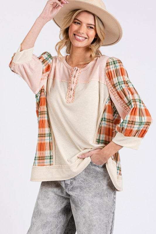 SAGE + FIG Exposed Seam Button Detail Plaid Top - Trendsi - Flyclothing LLC
