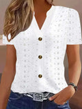 Openwork Notched Short Sleeve Top - Trendsi - Flyclothing LLC