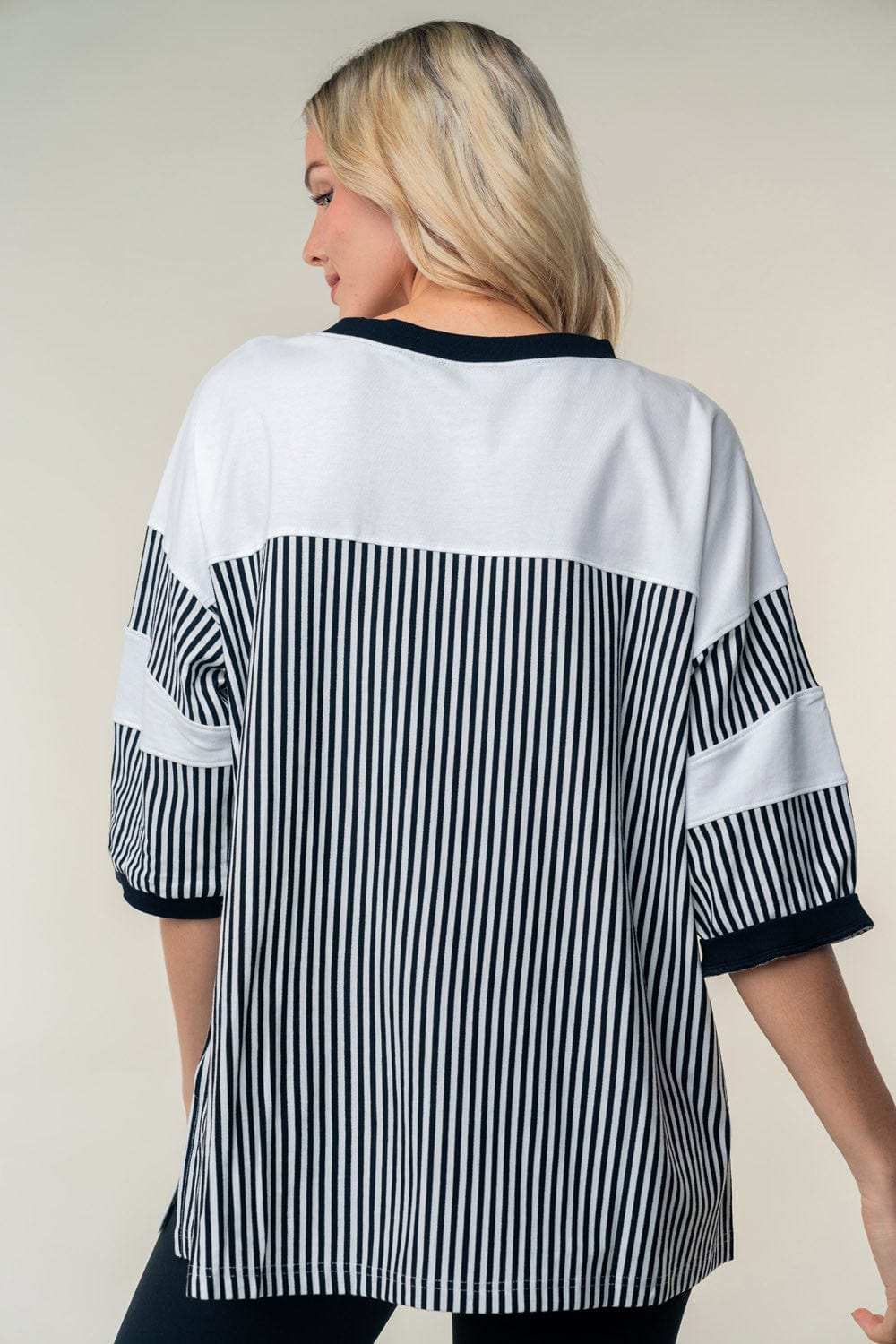White Birch Full Size Striped Contrast Round Neck Top - Trendsi - Flyclothing LLC