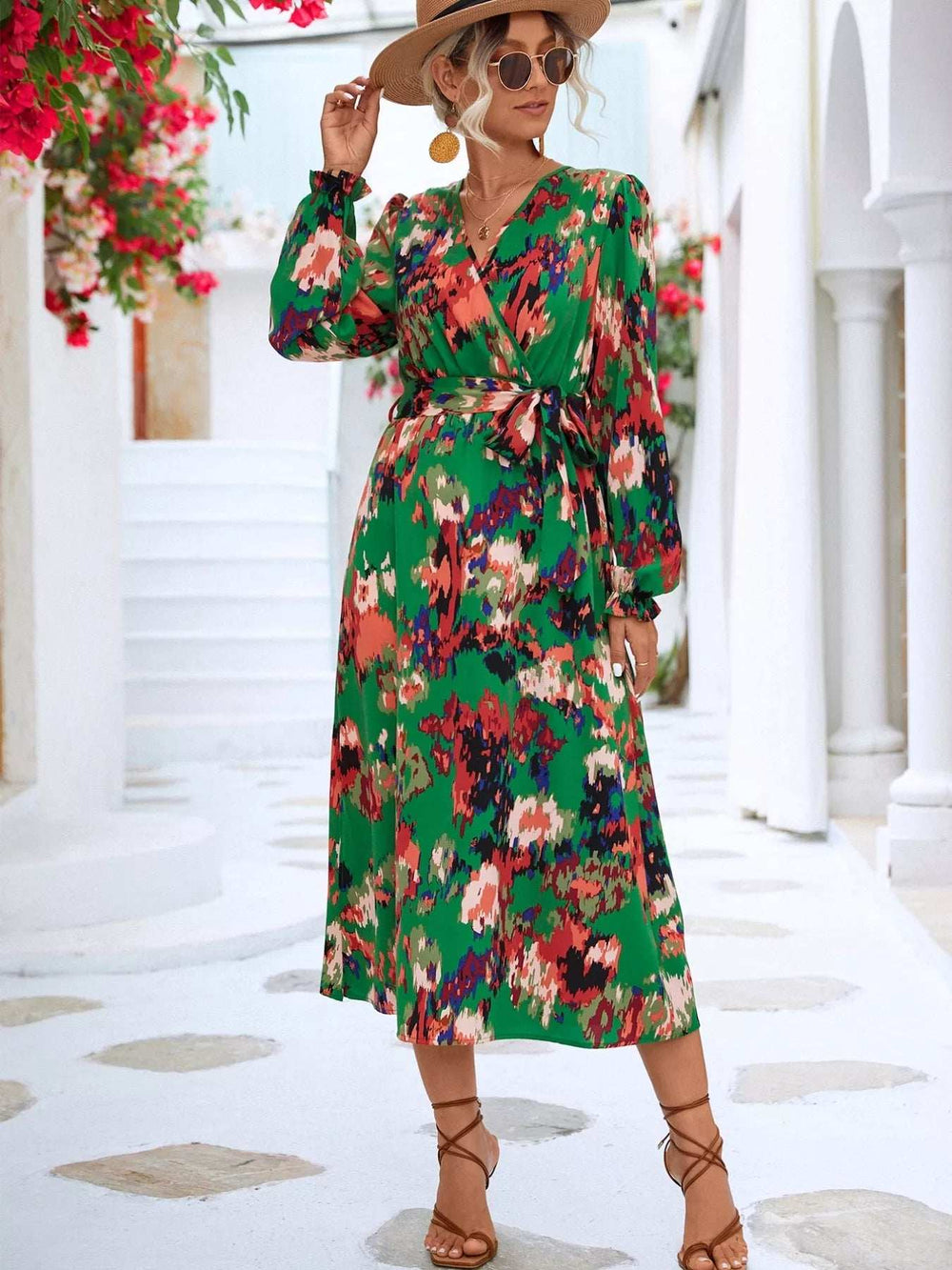 Printed Surplice Long Sleeve Midi Dress - Trendsi - Flyclothing LLC