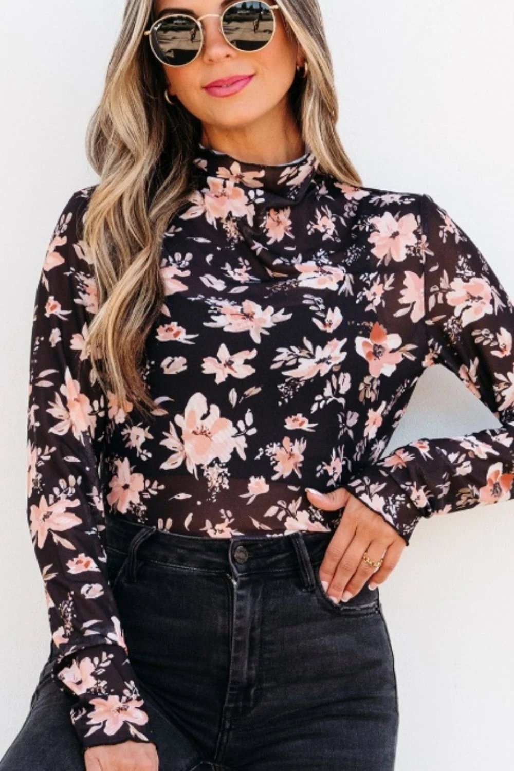 Floral Mock Neck Long Sleeve Blouse - Trendsi - Flyclothing LLC