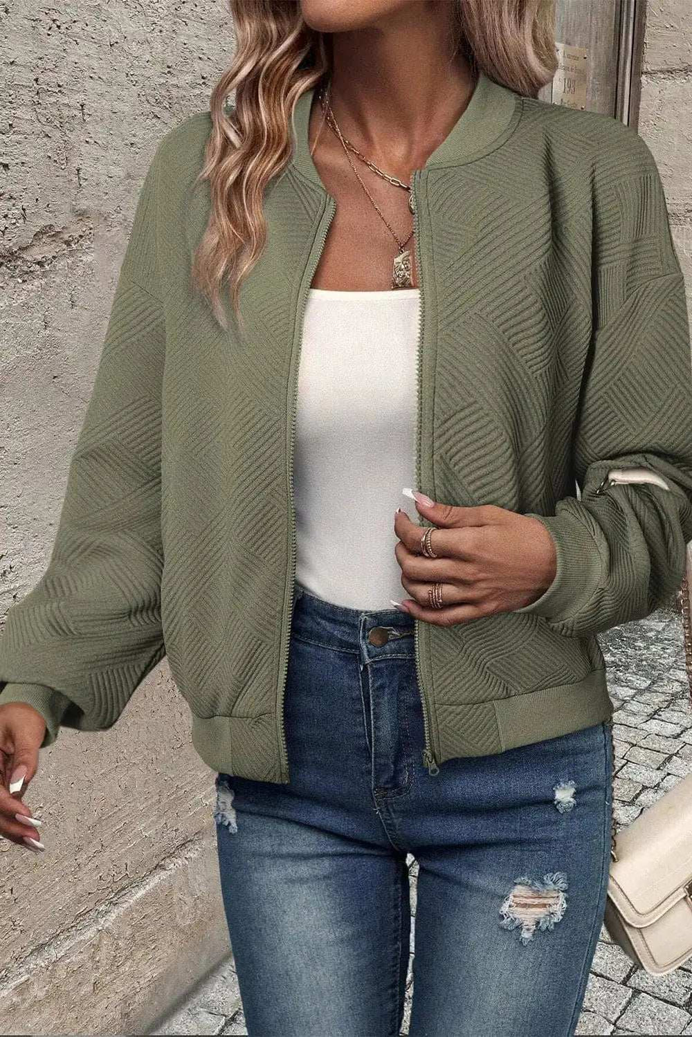 Textured Zip Up Baseball Collar Jacket - Trendsi - Flyclothing LLC