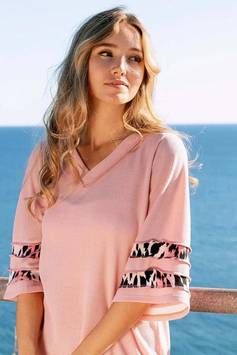 BiBi Leopard Print Contrast Tiered Sleeves Thermal Top - Trendsi - Flyclothing LLC