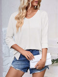 Textured Round Neck Three-Quarter Sleeve Blouse - Trendsi - Flyclothing LLC