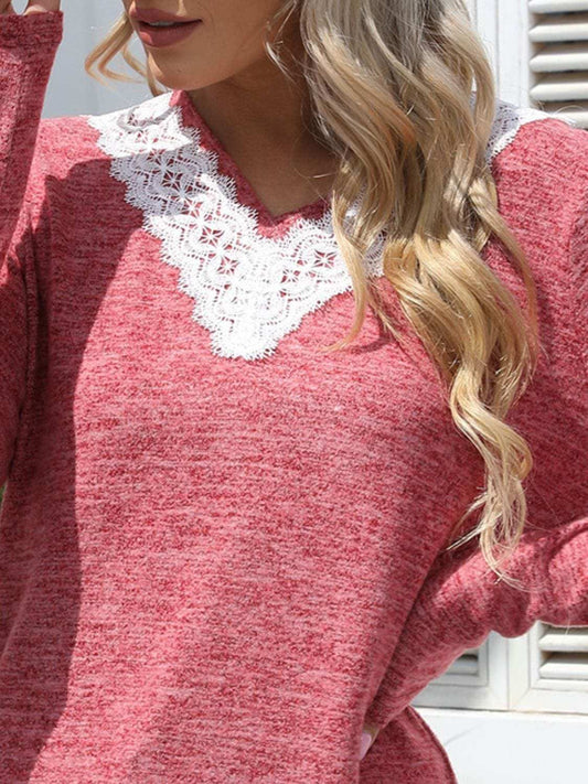 Lace Detail V-Neck Long Sleeve T-Shirt - Trendsi - Flyclothing LLC