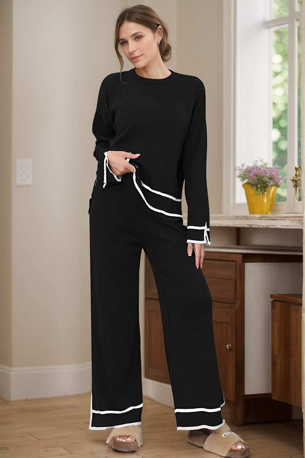High-Low Round Neck Top and Pants Sweater Set - Trendsi - Flyclothing LLC