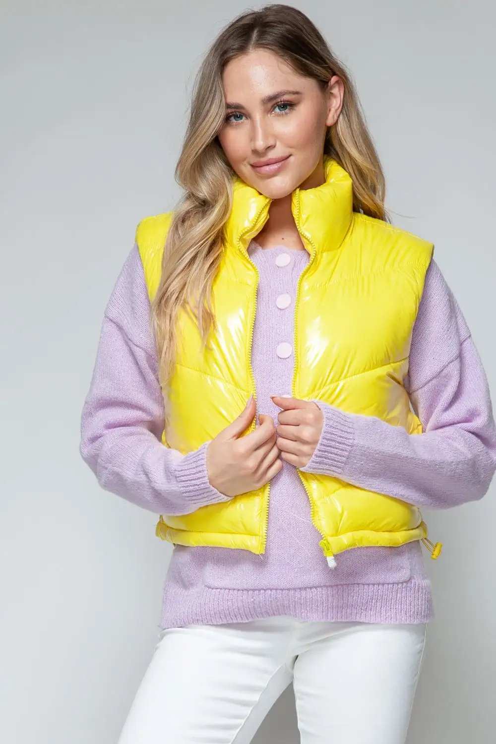 Snobbish Zip Up Turtleneck Shiny Quilted Vest - Trendsi - Flyclothing LLC