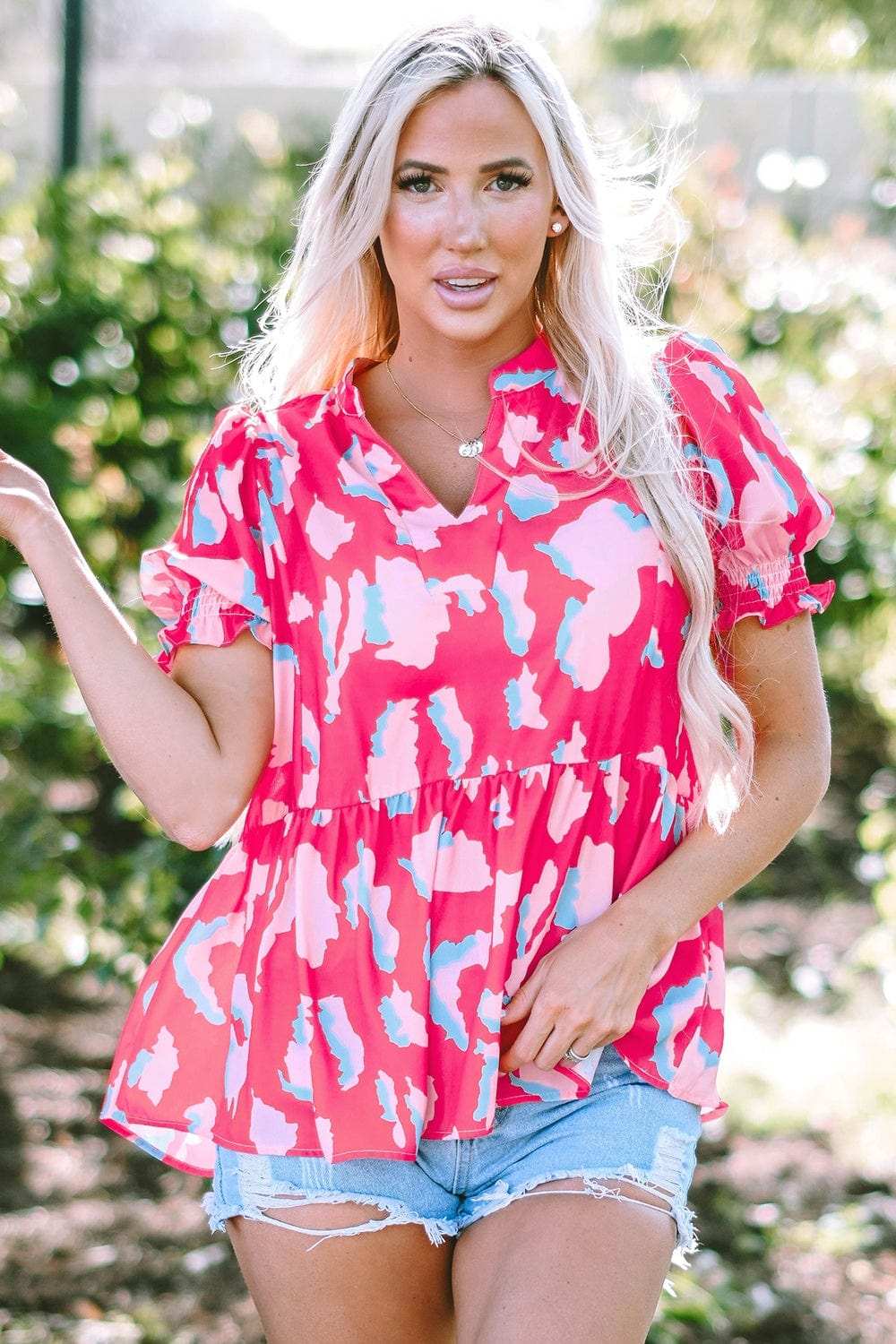 Peplum Printed Notched Short Sleeve Blouse - Trendsi - Flyclothing LLC