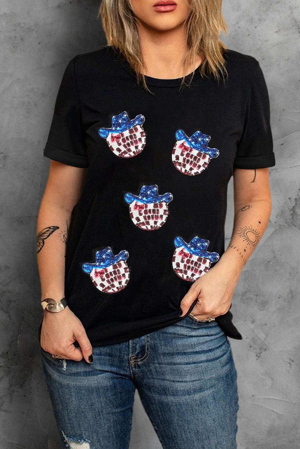 Sequin Round Neck Short Sleeve T-Shirt - Trendsi - Flyclothing LLC