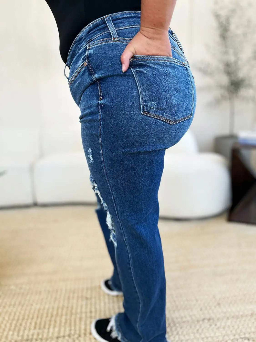 Judy Blue Full Size Mid Rise Distressed Raw Hem Jeans - Trendsi - Flyclothing LLC