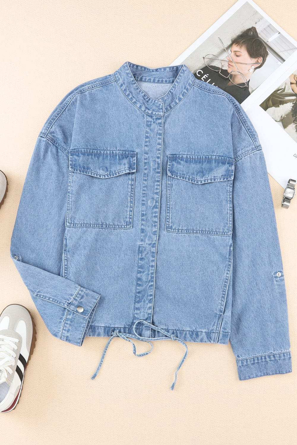 Drawstring Snap Down Denim Jacket with Chest Pockets - Trendsi - Flyclothing LLC